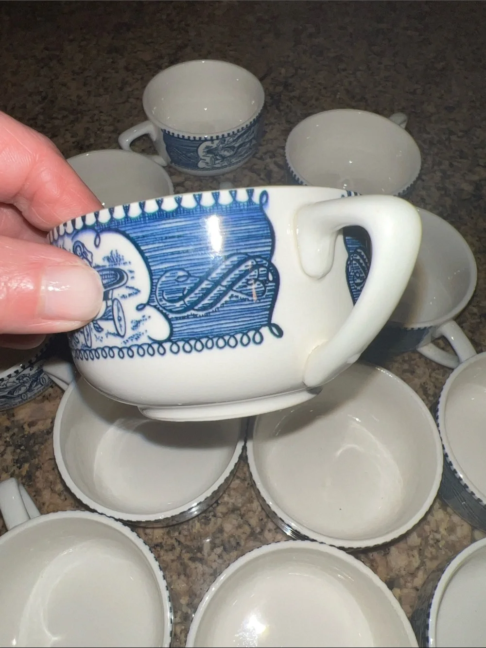 Set of 13 Vintage Royal Blue China Currier & Ives Coffee Cups Horse Buggy Mug